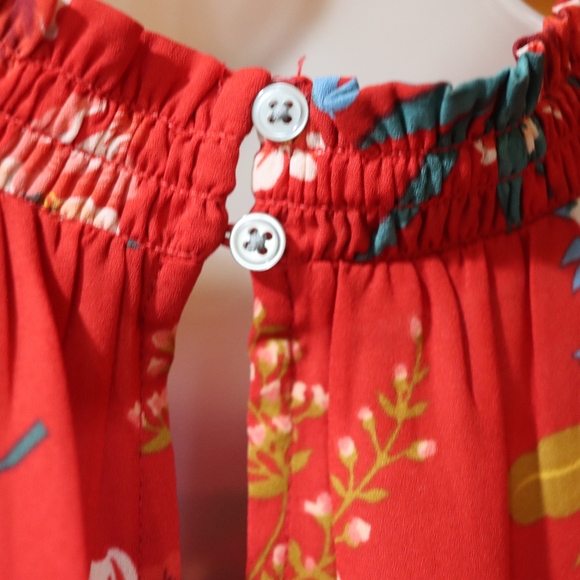 LOFT Red Floral Ruffled Sleeve Blouse Smocked Mock Neck Medium - Picture 6 of 16